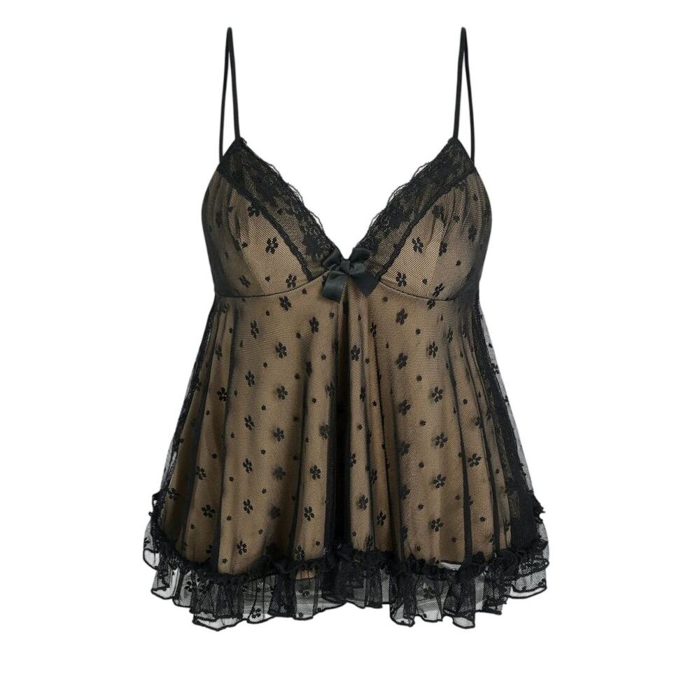 NWT Sexy Floral Lace VNeck Ruffle Cami Stretch Top Adjustable Straps L Black Tan